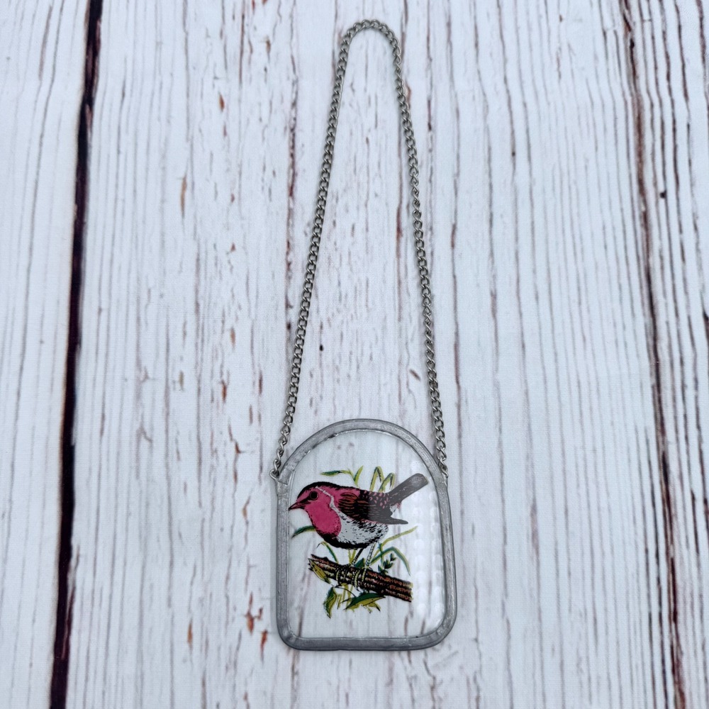 Vintage Pink Bird Glass Suncatcher Hanging Ornament Silver Tone Chain Frame